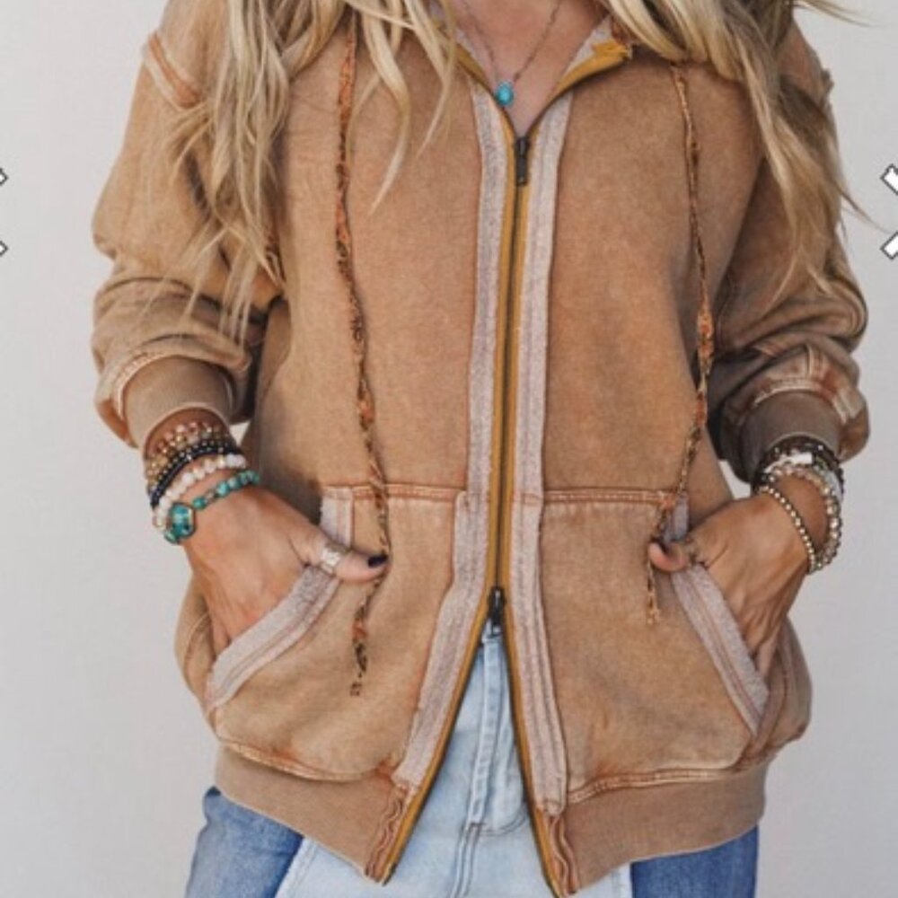 NWT Easel Boho Caramel Acid Wash Cozy Full Zip Sweatshirt Hoodie Jacket - Small